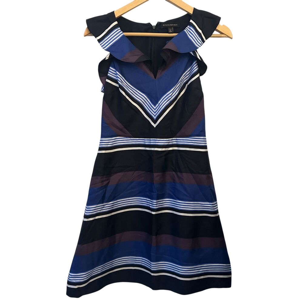 Banana Republic‎ 100% Silk Blue and Purple Striped Sleeveless V-Neck Dress 0P